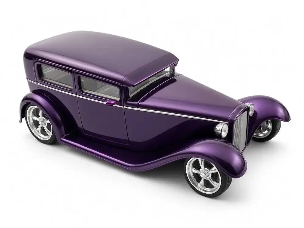 1932 Ford Model A Sedan Diecast Car Purple Custom Hot Rod 1:24 Scale Chrome